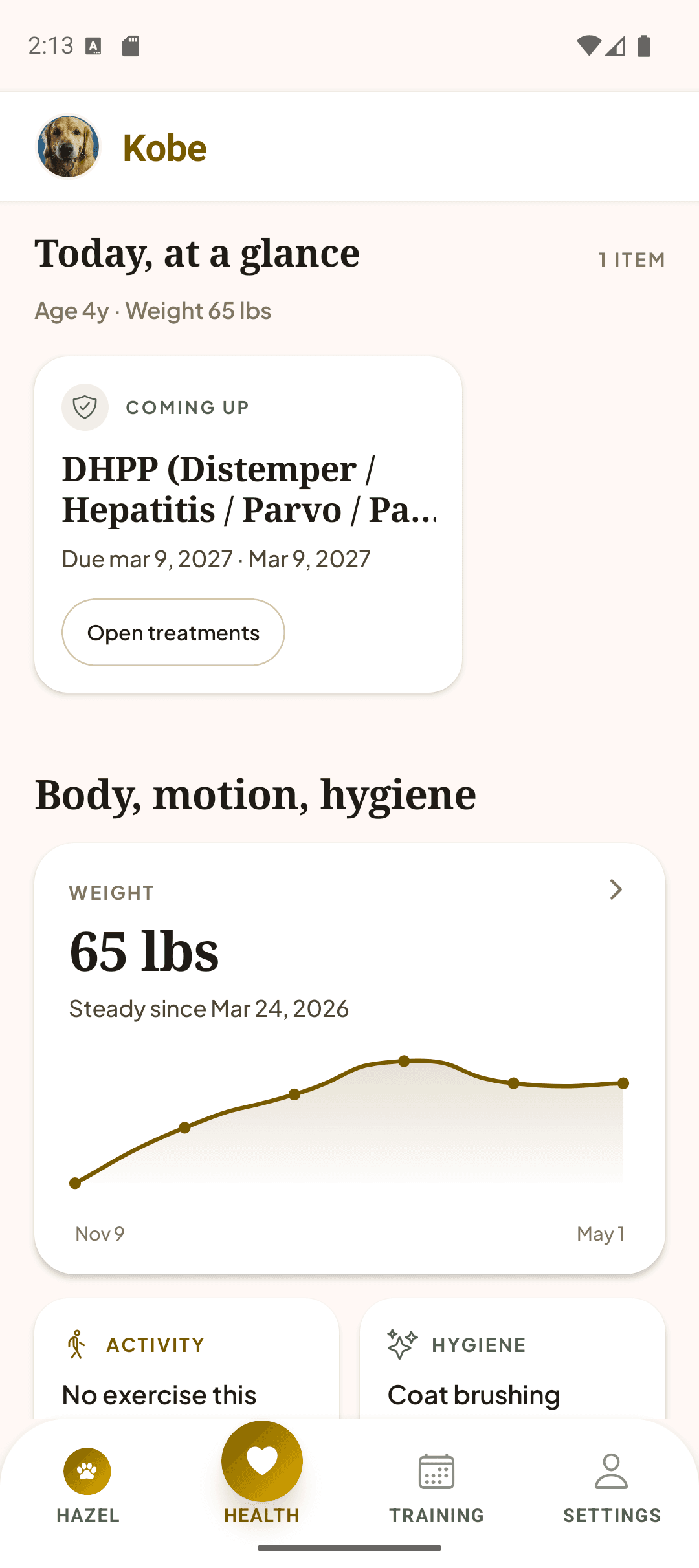 Health dashboard with weight, upcoming care, and daily activity