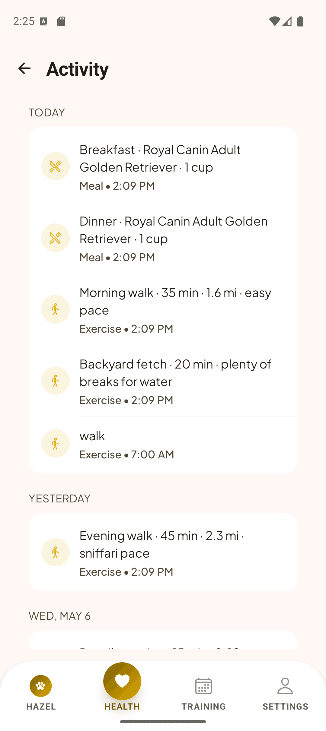 Activity feed showing recent dog care logs